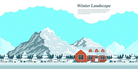 picture of winter landscape with private house, snow-covered firs, falling snow and mountains on background Stock Photo - Budget Royalty-Free & Subscription, Code: 400-09066001