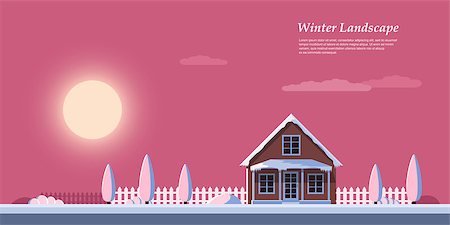 dhai_halud (artist) - picture of beautiful colorful winter sunrise, private cottage house, flat style illustration Stockbilder - Microstock & Abonnement, Bildnummer: 400-09066002