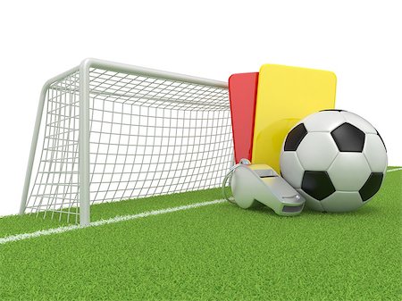 simsearch:400-04397543,k - Football concept. Penalty (red and yellow) card, metal whistle and soccer (football) ball and gate, isolated 3D render on white background Fotografie stock - Microstock e Abbonamento, Codice: 400-09066106