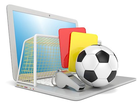 djmilic (artist) - Football concept. Penalty (red and yellow) card, metal whistle, soccer (football) ball and gate on laptop, isolated 3D render on white background. Foto de stock - Super Valor sin royalties y Suscripción, Código: 400-09066133