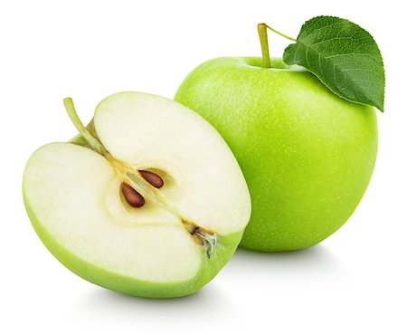 simsearch:400-04994957,k - Ripe green apple fruit with apple half and green apple leaf isolated on white background. Apples and leaf with clipping path Fotografie stock - Microstock e Abbonamento, Codice: 400-09066237