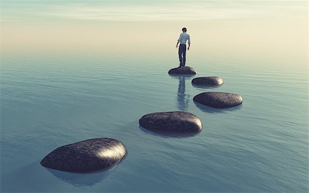 simsearch:400-09066555,k - The young man sits on a large stone in the middle of the sea. This is a 3d render illustration Fotografie stock - Microstock e Abbonamento, Codice: 400-09066254