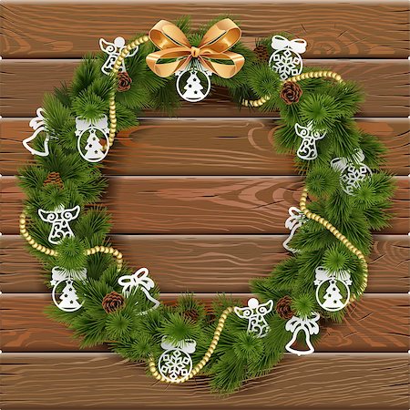 simsearch:400-09142612,k - Vector Christmas Wreath on Wooden Board 9 with paper decorations and golden bow Stockbilder - Microstock & Abonnement, Bildnummer: 400-09066274