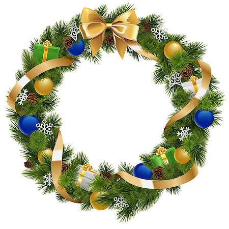 simsearch:400-09142612,k - Vector Christmas Wreath with Golden Ribbon isolated on white background Stockbilder - Microstock & Abonnement, Bildnummer: 400-09066276