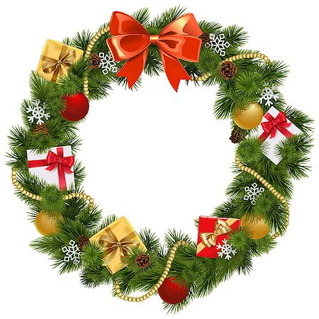 simsearch:400-09065552,k - Vector Christmas Wreath with Red Bow isolated on white background Photographie de stock - Aubaine LD & Abonnement, Code: 400-09066277