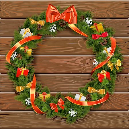 simsearch:400-09142612,k - Vector Christmas Wreath on Wooden Board 10 with gifts, snowflakes and bow Stockbilder - Microstock & Abonnement, Bildnummer: 400-09066272