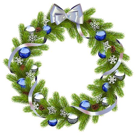 simsearch:400-09065552,k - Vector Fir Wreath with Blue Decorations isolated on white background Photographie de stock - Aubaine LD & Abonnement, Code: 400-09066280