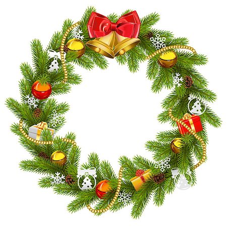 simsearch:400-09065552,k - Vector Fir Wreath with Golden Beads isolated on white background Photographie de stock - Aubaine LD & Abonnement, Code: 400-09066294