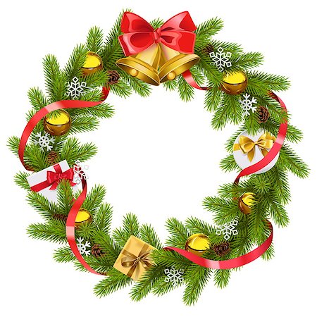 simsearch:400-09065552,k - Vector Fir Wreath with Golden Bells isolated on white background Photographie de stock - Aubaine LD & Abonnement, Code: 400-09066295