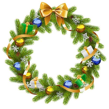 simsearch:400-09065552,k - Vector Fir Wreath with Golden Ribbon isolated on white background Photographie de stock - Aubaine LD & Abonnement, Code: 400-09066297