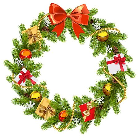 simsearch:400-09065552,k - Vector Fir Wreath with Red Bow isolated on white background Photographie de stock - Aubaine LD & Abonnement, Code: 400-09066299
