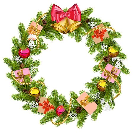 simsearch:400-09065552,k - Vector Fir Wreath with Christmas Bell isolated on white background Photographie de stock - Aubaine LD & Abonnement, Code: 400-09066292