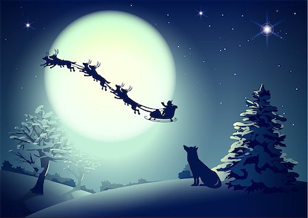 simsearch:400-07465970,k - Santa in night sky against background of full moon. Dog silhouette looks up at sky. Christmas greeting card template. Vector cartoon illustration Stock Photo - Budget Royalty-Free & Subscription, Code: 400-09066480