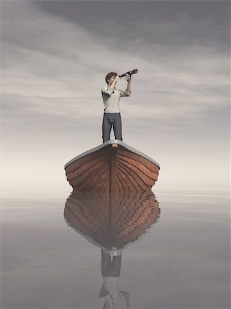 Man in a boat looking through the telescope. This is a 3d render illustration Stock Photo - Budget Royalty-Free & Subscription, Code: 400-09066555