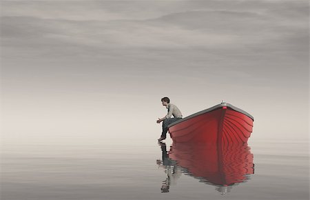 simsearch:400-09066555,k - Man sits on the edge of a boats and watch lake. This is a 3d render illustration Fotografie stock - Microstock e Abbonamento, Codice: 400-09066556