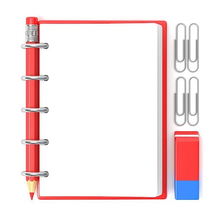 simsearch:400-06527396,k - Blank notepad, pencil, rubber and paperclips. 3D render illustration isolated on white background Foto de stock - Royalty-Free Super Valor e Assinatura, Número: 400-09066744