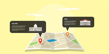 picture of a map with two GPS pointers and buildings icons Stock Photo - Budget Royalty-Free & Subscription, Code: 400-09066782