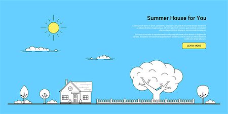 dhai_halud (artist) - Picture of a private family house with trees, fence and clouds. Real estate, family house, summer house concept. Thin line flat illustration Stockbilder - Microstock & Abonnement, Bildnummer: 400-09066800