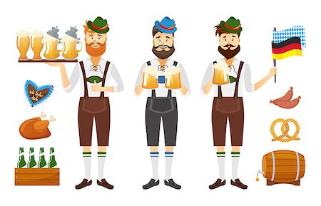 simsearch:400-08198906,k - Smiling Bavarian man with red beard and moustache, dressed in traditional costume and hat with beer glasses and set of Oktoberfest icons. Traditional symbols of autumn holiday of beer isolated on white background. Cartoon flat style vector illustration Fotografie stock - Microstock e Abbonamento, Codice: 400-09067219