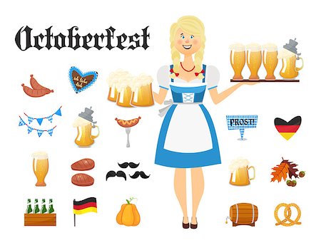 simsearch:400-08198906,k - Smiling Bavarian woman dressed in traditional costume and hat with beer glasses and set of Oktoberfest icons. Traditional symbols of autumn holiday of beer isolated on white background. Cartoon style vector illustration Fotografie stock - Microstock e Abbonamento, Codice: 400-09067220