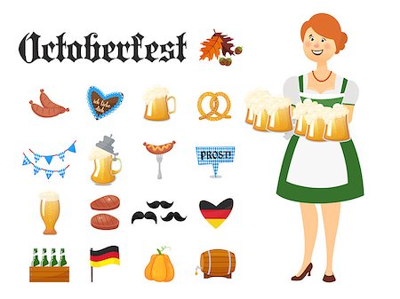 simsearch:400-08198906,k - Smiling Bavarian woman dressed in traditional costume and hat with beer glasses and set of Oktoberfest icons. Traditional symbols of autumn holiday of beer isolated on white background. Cartoon style vector illustration Fotografie stock - Microstock e Abbonamento, Codice: 400-09067221