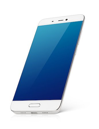 simsearch:400-09151522,k - Modern white smartphone with blue emty screen stands isolated on white background. Smart phone with clipping path Photographie de stock - Aubaine LD & Abonnement, Code: 400-09067440