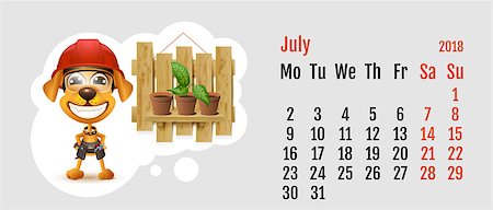 simsearch:400-09065162,k - 2018 year of yellow dog on Chinese calendar. Fun yellow dog master with working tool. Calendar grid month July. Vector cartoon illustration Stock Photo - Budget Royalty-Free & Subscription, Code: 400-09067502