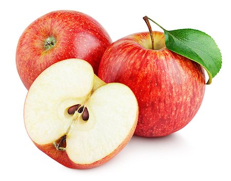 simsearch:400-09066237,k - Ripe red apple fruit with apple half and apple leaf isolated on white background. Red apples and leaf with clipping path Photographie de stock - Aubaine LD & Abonnement, Code: 400-09067517