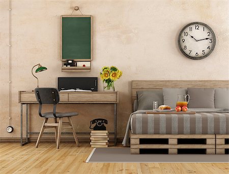 Detail of a retro master bedroom with pallet bed and desk with chair - 3d rendering Stock Photo - Budget Royalty-Free & Subscription, Code: 400-09067527