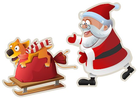 simsearch:400-09065162,k - Yellow dog symbol of year 2018. Fun dog holds bag with gifts and goes on sled, Santa catches up. Isolated on white vector cartoon illustration Stock Photo - Budget Royalty-Free & Subscription, Code: 400-09067721