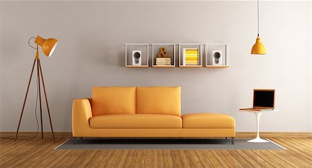 simsearch:400-08797073,k - Modern living room with orange sofa with laptop on coffee table- 3d rendering Photographie de stock - Aubaine LD & Abonnement, Code: 400-09067756