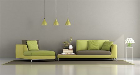 simsearch:400-08797073,k - Modern green and brown living room with sofa and chaise lounge - 3d rendering Photographie de stock - Aubaine LD & Abonnement, Code: 400-09067752