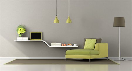 simsearch:400-08797073,k - Green and brown living room with chaise lounge and shelf with books and, laptop - 3d rendering Photographie de stock - Aubaine LD & Abonnement, Code: 400-09067753