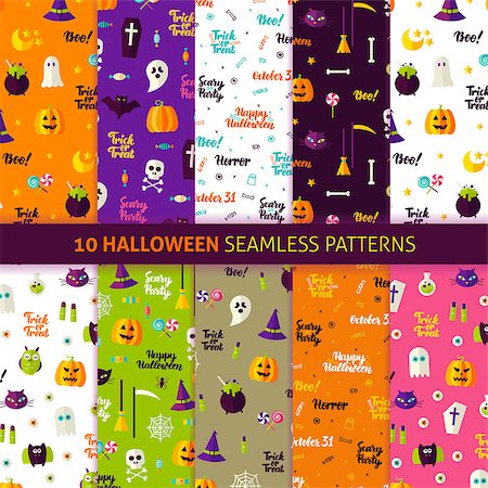 simsearch:400-09067759,k - Halloween Holiday Seamless Patterns. Vector Illustration of Holiday Background. Trick or Treat. Foto de stock - Royalty-Free Super Valor e Assinatura, Número: 400-09067763