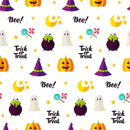 simsearch:400-09067759,k - Halloween Seamless Pattern. Vector Illustration of Holiday Background. Trick or Treat. Foto de stock - Royalty-Free Super Valor e Assinatura, Número: 400-09067774