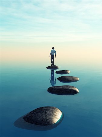 simsearch:400-09066555,k - The young man sits on a large stone in the middle of the sea. This is a 3d render illustration Fotografie stock - Microstock e Abbonamento, Codice: 400-09067970