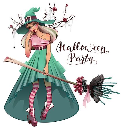 Cosplay fashionable dress for Halloween party. Beautiful young woman witch with broom. Isolated on white vector cartoon illustration greeting card Foto de stock - Super Valor sin royalties y Suscripción, Código: 400-09067985