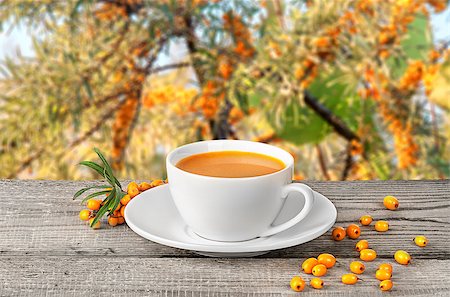 Tea of seabuckthorn berries on wooden table blurred garden background Stock Photo - Budget Royalty-Free & Subscription, Code: 400-09068069