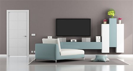 flat tv on wall - Modern living room with tv on wall and chaise lounge - 3d rendering Stock Photo - Budget Royalty-Free & Subscription, Code: 400-09068194