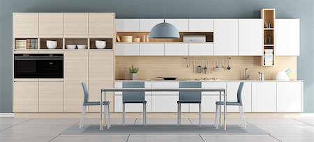 simsearch:400-04196177,k - Blue and white modern kitchen with dining table and chairs - 3d rendering Foto de stock - Super Valor sin royalties y Suscripción, Código: 400-09068193