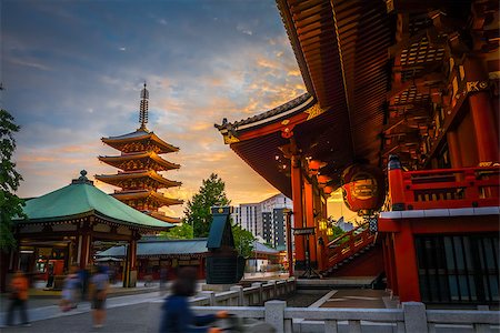 Hondo and pagoda at sunset in Senso-ji Kannon temple, Tokyo, Japan Stock Photo - Budget Royalty-Free & Subscription, Code: 400-09068423