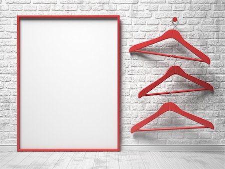 simsearch:400-04321239,k - Three red cloth hanger and blank canvas on the white painted brick wall. 3D render illustration Photographie de stock - Aubaine LD & Abonnement, Code: 400-09068471