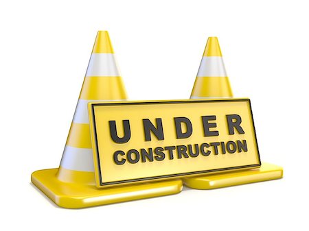 simsearch:400-05127436,k - Yellow UNDER CONSTRUCTION sign and two road cones. 3D render illustration isolated on white background Stock Photo - Budget Royalty-Free & Subscription, Code: 400-09068500