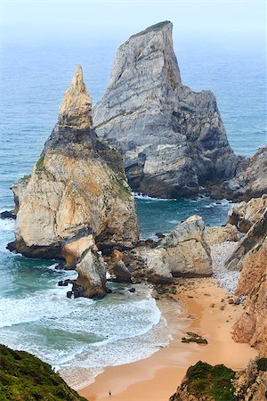 Atlantic ocean coast (granite boulders and sea cliffs) in cloudy weather. View from Cape Roca (Cabo da Roca), Portugal. Man on beach is unrecognizable. Stock Photo - Budget Royalty-Free & Subscription, Code: 400-09068673