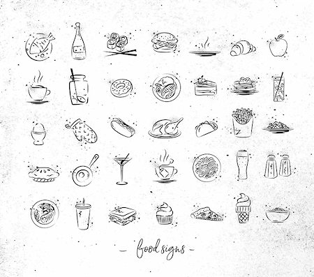 fish taco - Set of food icons drawing with black lines on dirty paper background Stock Photo - Budget Royalty-Free & Subscription, Code: 400-09068767