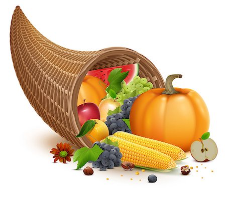 pumpkins apples harvest basket - Full cornucopia for Thanksgiving feast day. Rich harvest of pumpkin, apple, corn, grapes, watermelon. Isolated on white vector illustration Stock Photo - Budget Royalty-Free & Subscription, Code: 400-09068846