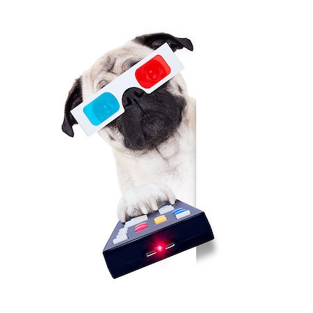 simsearch:400-07055954,k - pug dog at cinema watching a movie or television tv programm with 3d glasses isolated on white background, holding the remote control Stockbilder - Microstock & Abonnement, Bildnummer: 400-09068939