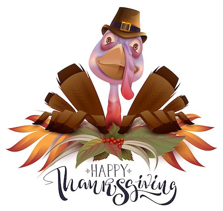 Happy Thanksgiving text greeting card. Bird turkey symbol of Thanksgiving Day. Isolated on white fun vector cartoon illustration Stock Photo - Budget Royalty-Free & Subscription, Code: 400-09069126