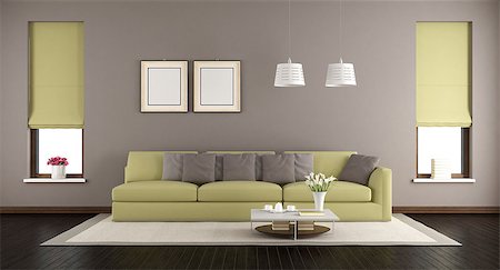 simsearch:400-08797073,k - Brown and green living room with modern sofa and two window - 3d rendering Stock Photo - Budget Royalty-Free & Subscription, Code: 400-09069223