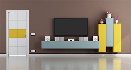 elegant tv room - Colorful living room with television set and closed door - 3d rendering Foto de stock - Super Valor sin royalties y Suscripción, Código: 400-09069486